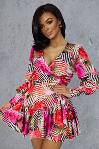 La Balancia | Hurtownia Odzieży Damskiej - Sukienka "ANNA" krótka - wzór kwiaty róż czerwień paski - Hurtownia Odzieży Damskiej - POSLKA Produkcja i Sprzedaż Hurtowa - La Balancia | Hurtownia Odzieży Damskiej