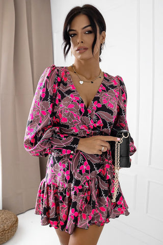 LaBalancia - Sukienka "ANNA" krótka Róż i brąz kwiatki - Hurtownia Odzieży Damskiej - POSLKA Produkcja i Sprzedaż Hurtowa - LaBalancia