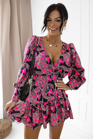 LaBalancia - Sukienka "ANNA" krótka Róż i brąz kwiatki - Hurtownia Odzieży Damskiej - POSLKA Produkcja i Sprzedaż Hurtowa - LaBalancia