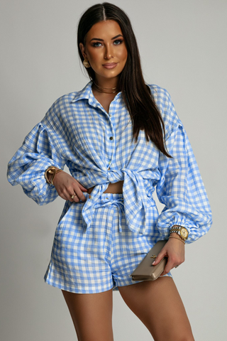 LaBalancia - Komplet MOLLY muślin - Niebieska kratka - Hurtownia Odzieży Damskiej - POSLKA Produkcja i Sprzedaż Hurtowa - LaBalancia