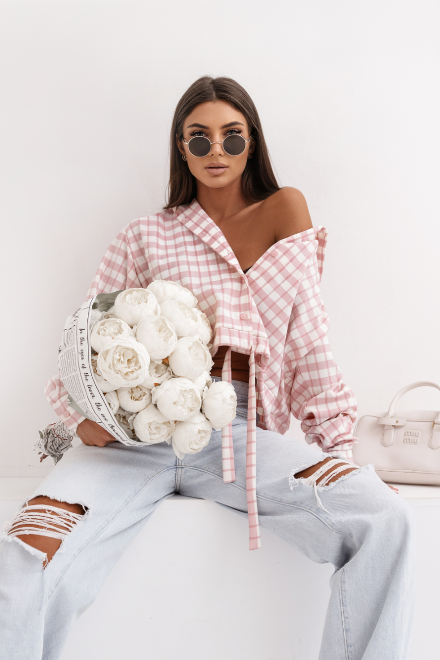 LaBalancia - Koszula z kapturem SOHO krata - róż i ecru - Hurtownia Odzieży Damskiej - POSLKA Produkcja i Sprzedaż Hurtowa - LaBalancia