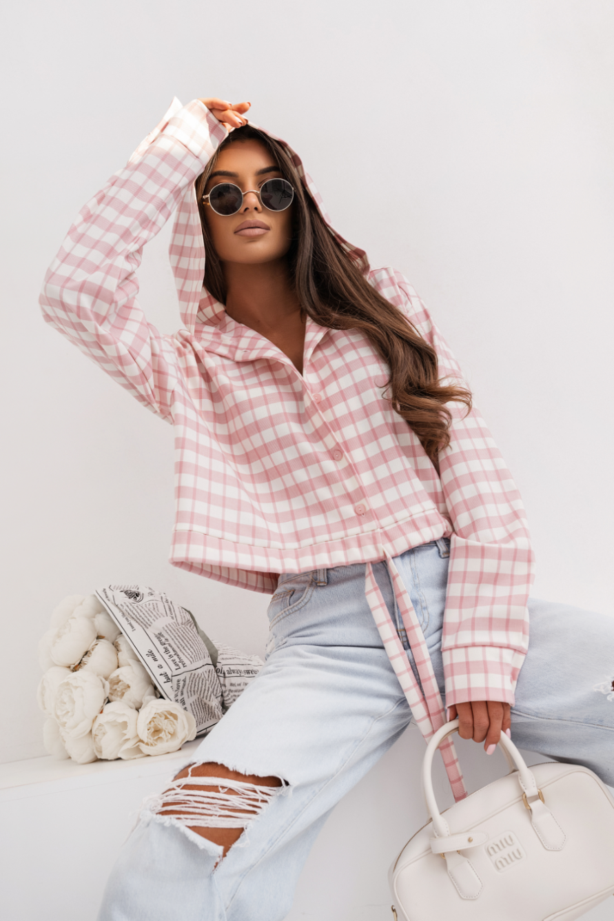 LaBalancia - Koszula z kapturem SOHO krata - róż i ecru - Hurtownia Odzieży Damskiej - POSLKA Produkcja i Sprzedaż Hurtowa - LaBalancia
